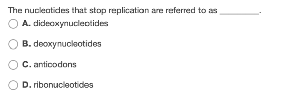 The nucleotides that stop replication are referred to as O A. dideoxynucleotides O B. deoxynucleotides O C. anticodons O D. r
