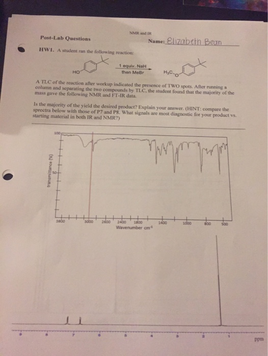 NMR IR Post-Lab Questions Name: Elizabeth Bean HWI. A student ran the following reaction 1 equiv. Nah then MeBr HC A TLC or t