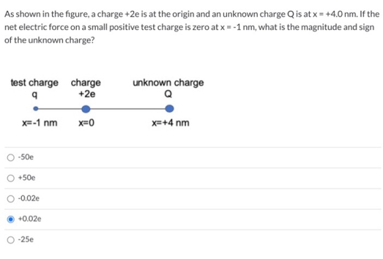 As shown in the figure, a charge +2e is at the origin and an unknown charge Qis at x = +4.0 nm. If the net electric force on