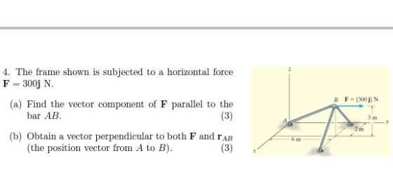 BF-1300) N 4. The frame shown is subjected to a horizontal force F = 300 N. (a) Find the vector component of F parallel to th