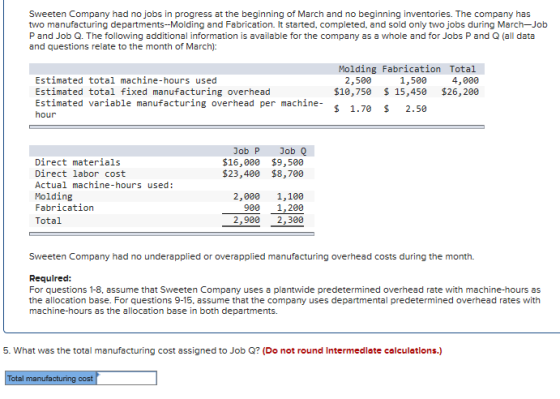 Sweeten Company had no jobs in progress at the beginning of March and no beginning inventories. The company has two manufactu