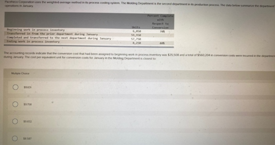 Paceheco Corporation uses the weighted average method in its process costing system. The Molding Department is the second dep