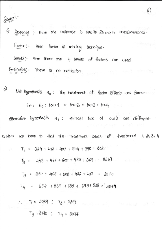 0 00. Response :-He e the roSponse is tensile Shength measuaements factorHex acto is inixingechnique Levels:. He砲 tree are y levels of focens ave used plication- Thexo is no roplicafion Nul hypotesis Ho: Tretreat meot of facto effects aㄻ & me Aleee hypofesisH,leatuoo of low s ane diffevent ty Nocw bove to find tte Treatmeot totalS of eatea,3, T, = 384 + Hei t 402 + 504 + 398 2 &089 T, , 654 + 531 + 655 + 6931 538 : 30