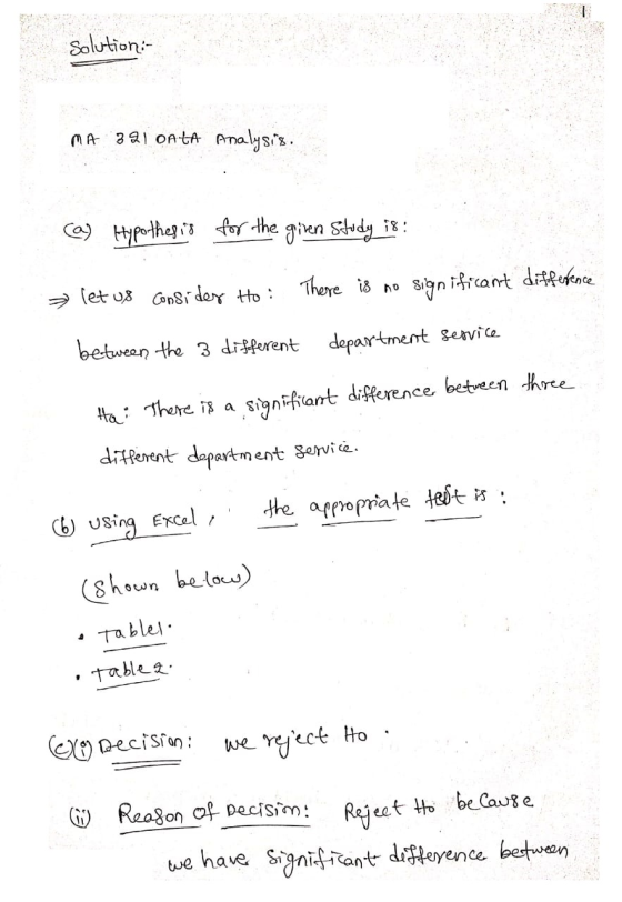 Solution MA 391 OAŁA Analysis. (a) Hypothesis for the giren Study i8 let us consider Ho: There is no significant difference b