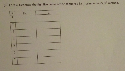(b) (7 pts) Generate the first five terms of the sequence for using Aitkens Amethod. PL