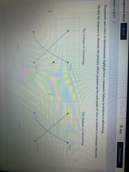 ssignment Score: 81.196 Give Upl Hint Check Answer estion 15 of 17 > Proponents and critics of advertisements highlight how c