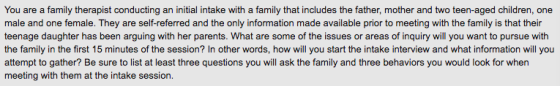 You are a family therapist conducting an initial intake with a family that includes the father, mother and two teen-aged chil