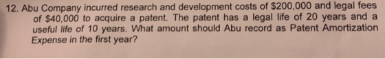 12. Abu Company incurred research and development costs of $200,000 and legal fees of $40,000 to acquire a patent. The patent