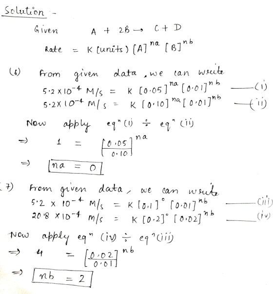 (0) tin solution :- Given A + 2B CTD Rate = K Cunits ) [A] na (BjMb (6) from given data , we can wente 512 X10-4 M/S = K 60.0