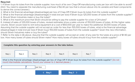 Required: 1. If Silven buys its tubes from the outside supplier, how much of its own Chap-Off manufacturing costs per box wil