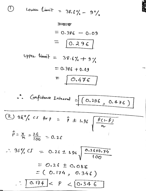 0 Lower Limit = 38.6% - 9% = 0.386 – 0.09 = 10.2967 upper limit = 38.6% + 9% = 0.386 +0.09 = 10.476 ) ... Confidence Intered