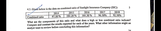 4.3. Giyen below is the data on combined ratio of Sunlight Insurance Company (SIC): 2014 2015 2016 2017T 2018 Combined ratio