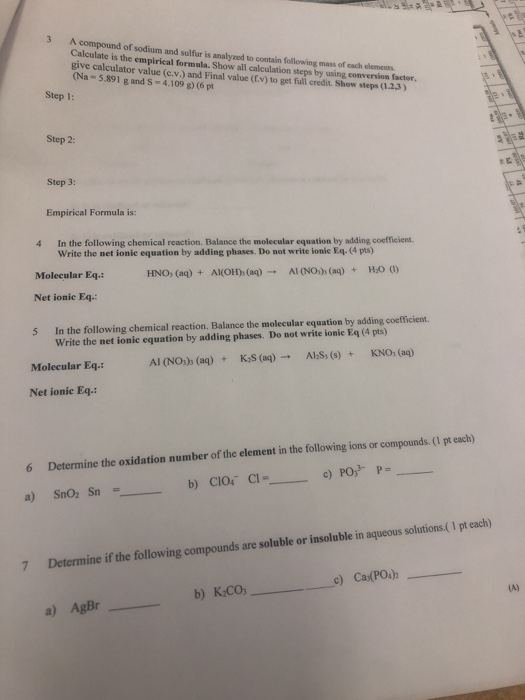 3 A compound of sodium and sulfur is analyzed to contain following mass of each elements Calculate is the empirical formula.