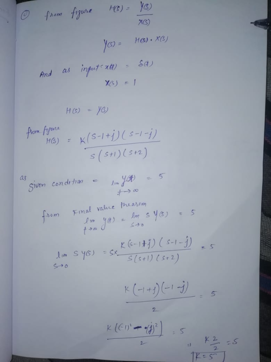 O from figure MB) = YG) XC) HS). X(5) YES) = HG) o xG) as input xG) - SCA) And X) - | H6 = YG from figure H(s) = K (S-1 + j)