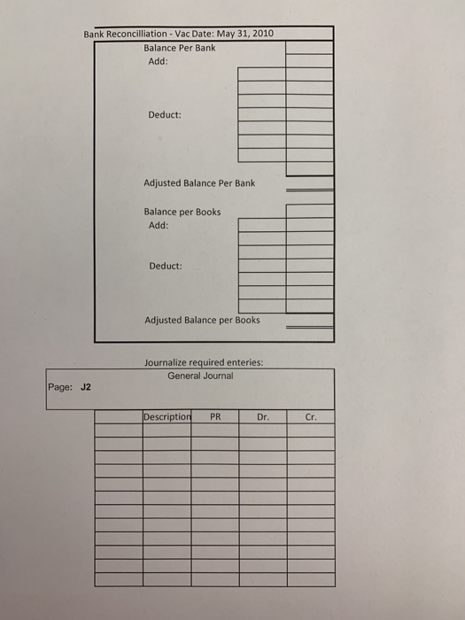 Bank Reconcilliation - Vac Date: May 31, 2010 Balance Per Bank Add: Deduct: Adjusted Balance Per Bank Balance per Books Add: