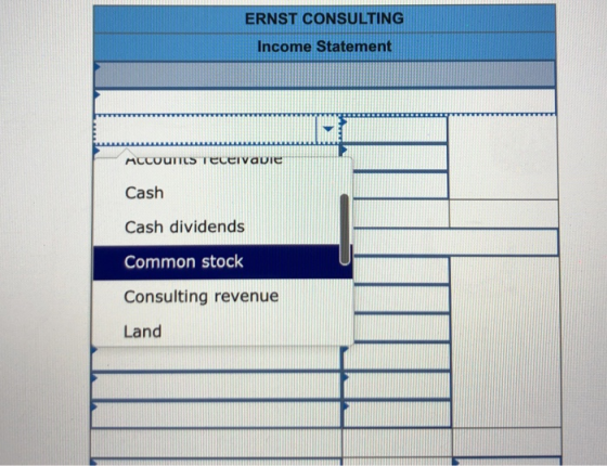 ERNST CONSULTING Income Statement McCUUTTCS Teceivable Cash Cash dividends Common stock Consulting revenue Land