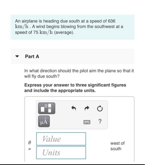 An airplane is heading due south at a speed of 636 km/h. A wind begins blowing from the southwest at a speed of 75 km/h (aver