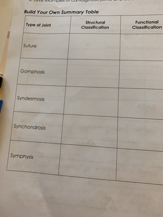 1. Live erumpIUS UILUNUHIUUJ JUNIJ Build Your Own Summary Table Type of Joint Structural Classification Functional Classifica