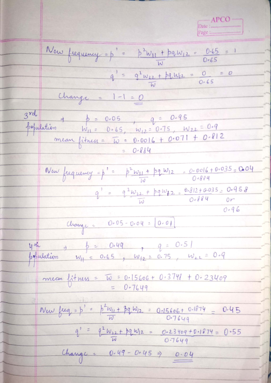 APCO Date: Page New frequency op- p²W, 1 + pq w,2 - 0.65 = 1 =q²W 22 + p q W12 w q 0.65 W Change 1-1=0 3rd 3 population p =