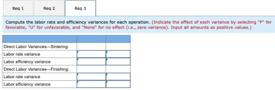 Req 1 Req 2 Req3 Compute the labor rate and efficiency variances for each operation. (Indicate the effect of each variance by