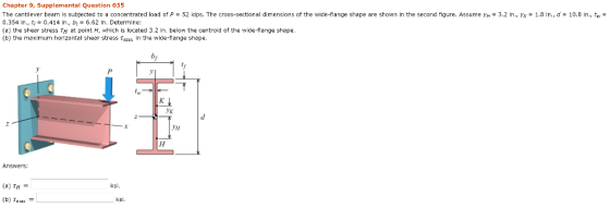 Chapter 9, Supplemental Question 035 The cantilever beam is subjected to a concentrated load of P = 52 KIps. The cross-sectio