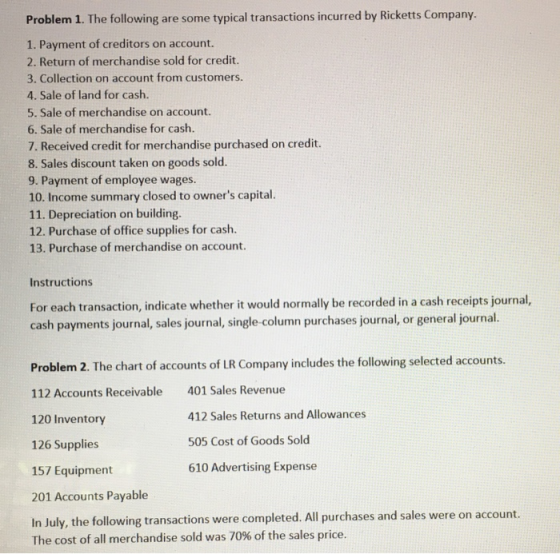 Problem 1. The following are some typical transactions incurred by Ricketts Company. 1. Payment of creditors on account. 2. R
