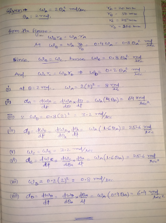 = 20mm Givena W = 204 rad/sec 2rad. Somm A 25 mm 100 mm from the figure - WB&B = WANA 2 so elp = WA TA ro 0.4A = 08 tée Since