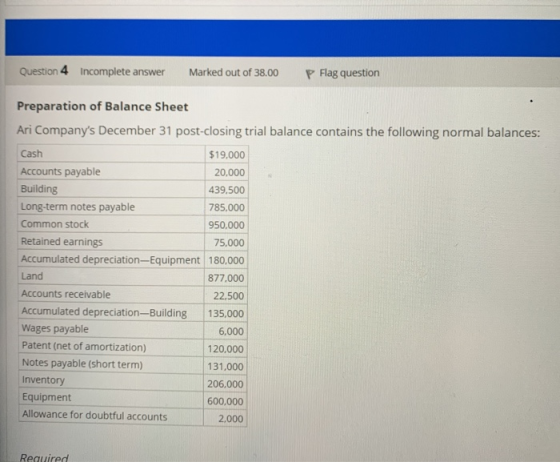 Question 4 Incomplete answer Marked out of 38.00 P Flag question Preparation of Balance Sheet Ari Companys December 31 post-