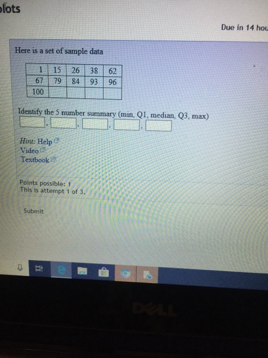 lots Due in 14 hou Here is a set of sample data 1 15 26 38 62 67 79 84 93 96 100 Identify the 5 number summary (min, Q1, median, Q3, max) Hint: Help Video D Textbook Points possible: 1 This is attempt 1 of 3. Submit di