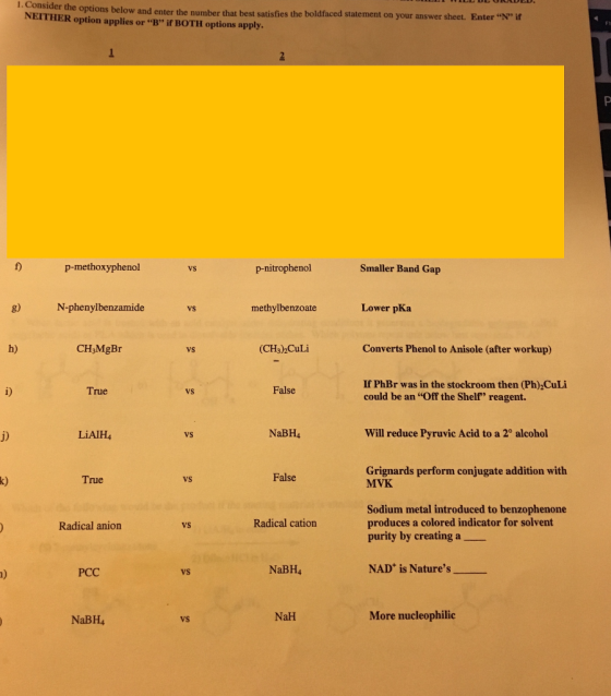 1. Consider the options below and enter the number that best satisfies the boldfaced statement on your NEITHER option applies or B if BOTH options apply. answer sheet. Enter N if f) p-methoxyphenol p-nitrophenol Smaller Band Gap vs g) N-phenylbenzamide vs methylbenzoate Lower pKa h) CH3MgBr vs (CH3)2CuLi Converts Phenol to Anisole (after workup) If PhBr was in the stockroom then (Ph) CuLi could be an Off the Shelf reagent. i) True False vs LiAlH4 vS NaBH4 Will reduce Pyruvic Acid to a 2° alcohol Grignards perform conjugate addition with MVK k) True vs False Sodium metal introduced to benzophenone produces a colored indicator for solvent purity by creating a Radical anion vS Radical cation PCC NaBH4 NAD is Natures vs NaBH4 NaH More nucleophilic vs