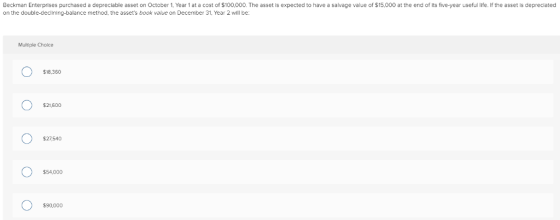 Beckman Enterprises purchased a depreciable asset on October 1. Year 1 at a cost of $100.000. The asset is expected to have a