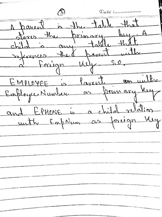 Dale ....... A pament is the table that melores the primary rekrences the X barent with a foreign wey so EMPLOYEE is Parent a