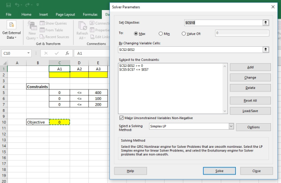 Solver Parameters ES File Home Insert Page Layout Formulas Show Queries Connecti From Table e Propertie Get External New Refr