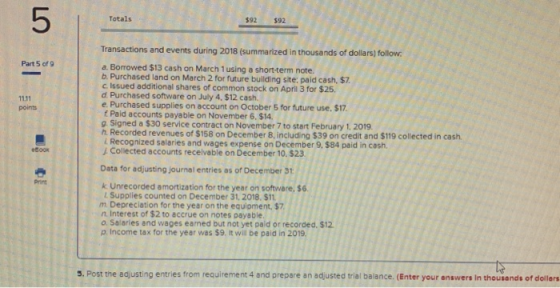 07 Totals Part5 09 I c Transactions and events during 2018 (summarized in thousands of dollars) follow a Borrowed $13 cash on