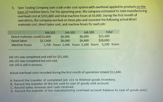 5. Tyler Tooling Company uses a job order cost system with overhead applied to products on the basis of machine hours. For th