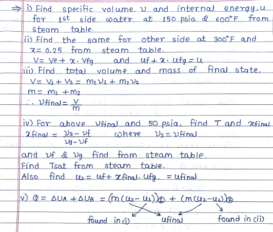 i Find specific volume, and internal energy.u | for -1st-. Side-water-at-150 psia e 600°F from Steam table. ii Find the same for other side at30o F and o.25 from stea m table. iii)Find total volume and mass of final stote iv) Eor above Vfinal and 50 psia. find T and rina L cohere 2)2-2) final and vf & find from steam table Find Tsat fromsteam table foundind) ufinal found in cii)