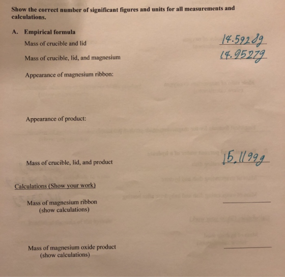 Show the correct number of significant figures and units for all measurements and calculations. A. Empirical formula Mass of