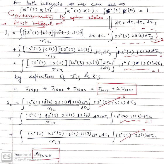 can see for both integrees Ge - both integrals we so (3) & (3) so (1) a(1) SB (2) B (2) Of thorormality of spin states first