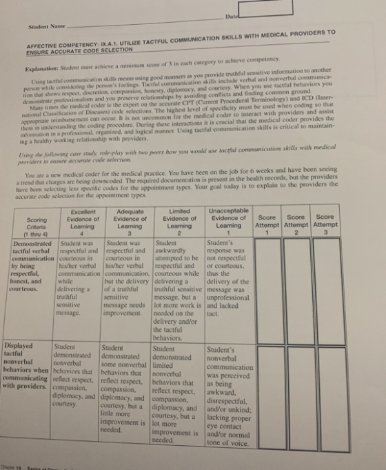 Student Name AFFECTIVE COMPETENCY: IX.A.1. UTILIZE TACTFUL COMMUNICATION SKILLS WITH MEDICAL PROVIDERS TO ENSURE ACCURATE COD
