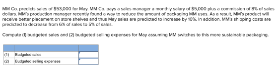 MM Co. predicts sales of $53,000 for May. MM Co. pays a sales manager a monthly salary of $5,000 plus a commission of 8% of s
