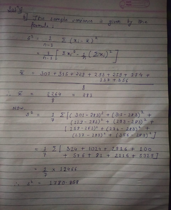 DAE PAGE Let 6 Jhe sample variance foroade given by the (2i-) 1 DI1 2 (Σx) 1 D 1 301 t 31S + 223 t 213 + 259 + 274 + 237 3 S