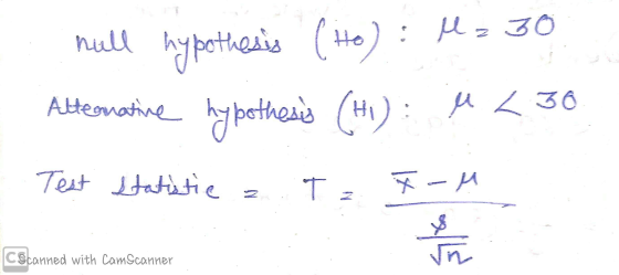 hull hypothesis (Ho): H=30 hypothesis (H1): <36 Alternative Test statistie z T-M T Z Cocanned with CamScanner 5/6