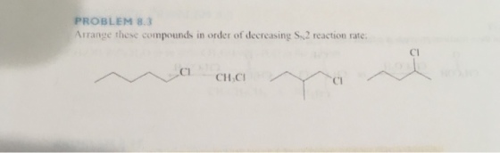 PROBLEM 8.3 Arrange these compounds in order of decreasing SN2 reaction rate. CH CI