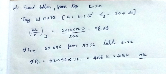 ed Faked boltom, free top k22.0 Try W 12x72 (A= 211 is ry z 364 in] - 2x19x12.5 = 98-68 3.04 tuble 4-22 AISC from & For 22.09