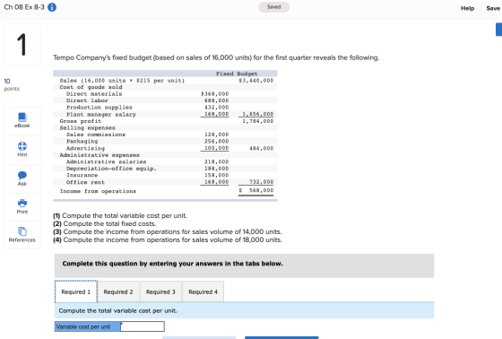 Ch 08 Ex 8-3 G Saved Help Save 1 Tempo Companys fixed budget (based on sales of 16,000 units) for the first quarter reveals
