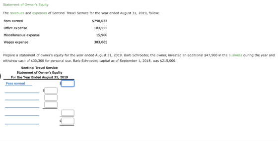 Statement of Owners Equity The revenues and expenses of Sentinel Travel Service for the year ended August 31, 2019, follow:
