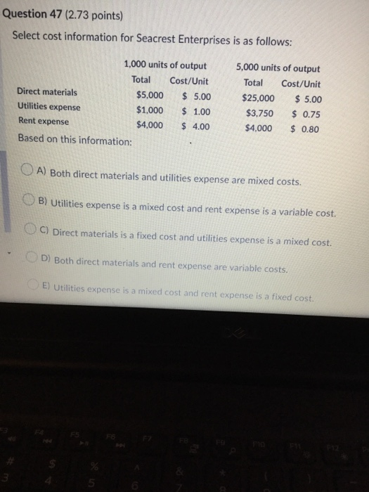 Question 47 (2.73 points) Select cost information for Seacrest Enterprises is as follows: 1,000 units of output Total Cost/Un