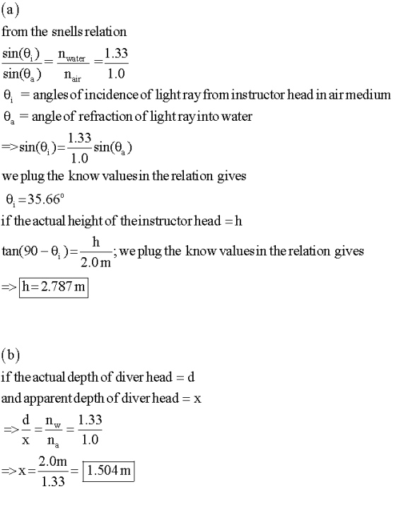 air (a) from the snells relation sin() nwater 1.33 sin() 1.0 o = angles of incidence of light ray from instructor head in air
