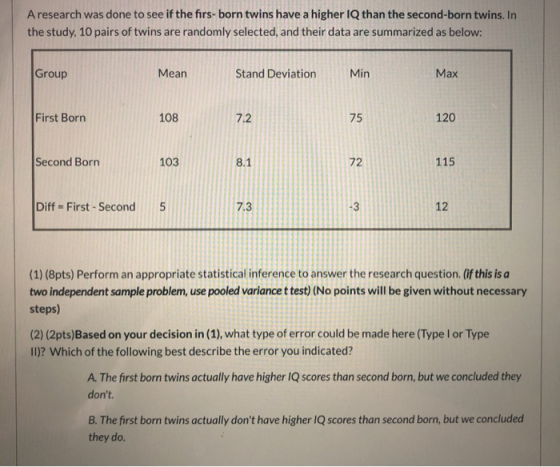 A research was done to see if the firs- born twins have a higher IQ than the second-born twins. In the study, 10 pairs of twi