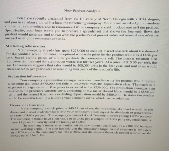 New Product Analysis You have recently graduated from the University of North Georgia with a BBA degree, and you have taken a